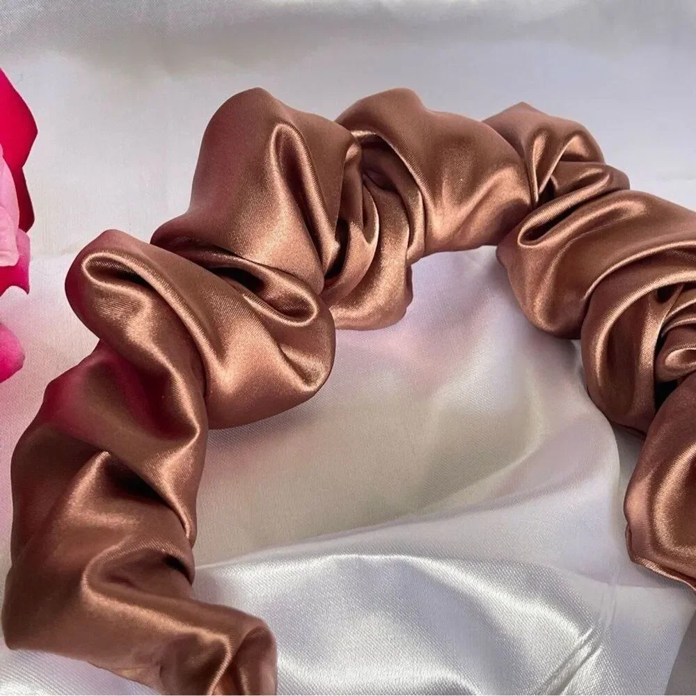 Brown Satin Headband wrap scrunched For Women Pleated design